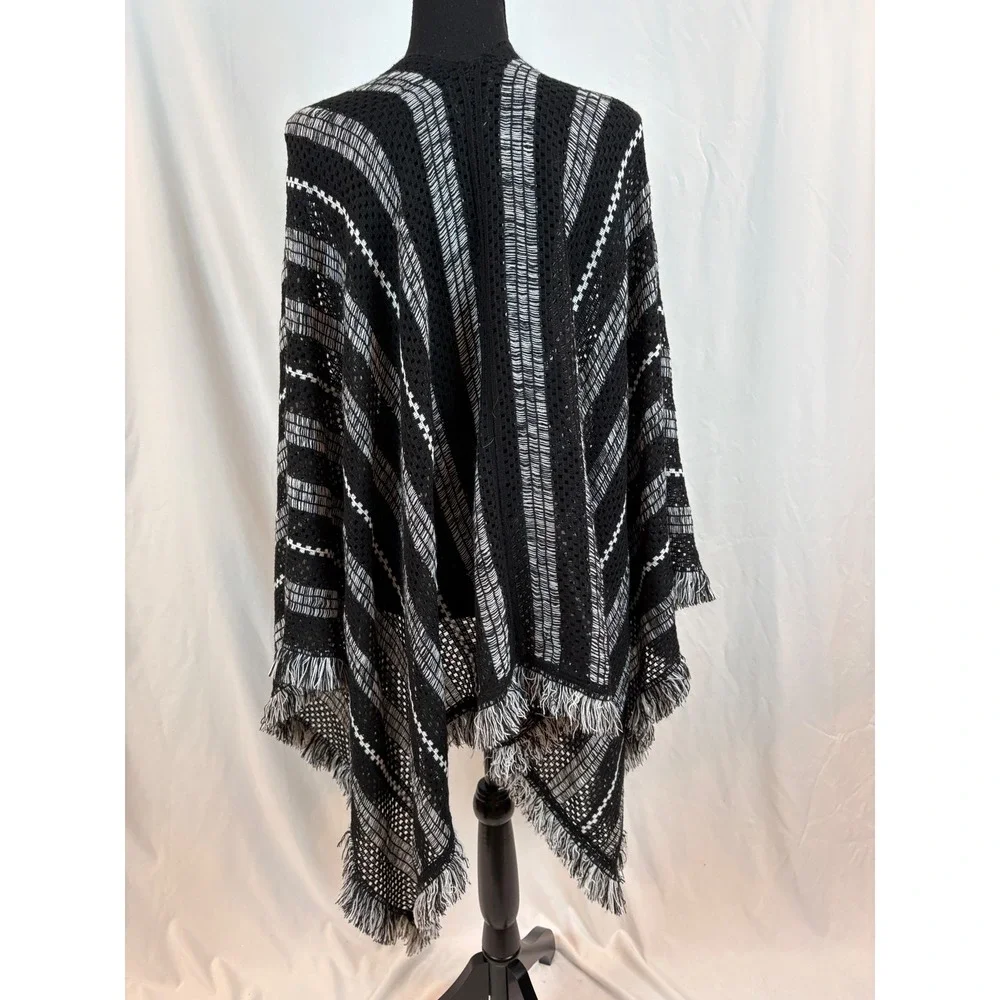 Black White Striped Open Front Knit Poncho Wrap Fringe Trim One Size Boho Cape